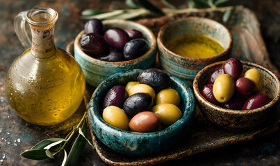 A photo of a bottle of extra virgin olive oil next to a ceramic bowl filled with a variety of olives arranged in a beautiful and harmonious way.