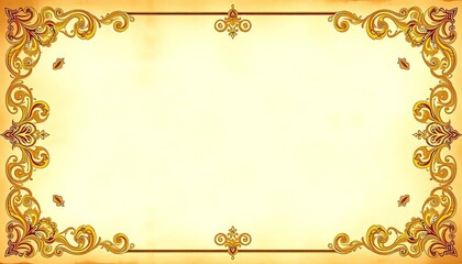 Intricate gold filigree border on aged paper, vintage style wedding menu template, menu, illustration