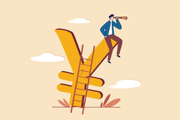 Japan economic vision and forecast, leadership skill to lead country financial in economics crisis concept, businessman climb up ladder to top on Japanese yen sign using telescope to see future vision