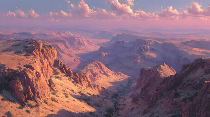 Vast desert landscape at sunset with dramatic rock formations.