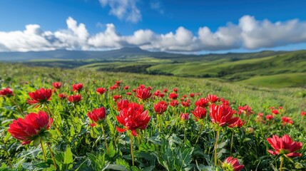 Lush meadow bursting with vibrant red flowers under a clear sky.