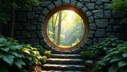 A round window in a stone wall surrounded by lush greenery, with sunlight filtering through the trees
