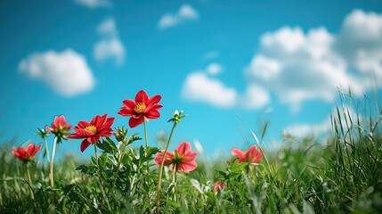 Bright red flowers in a field against a vibrant sky.