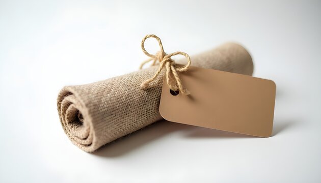 A rolled up piece of burlap with a blank brown tag tied with twine