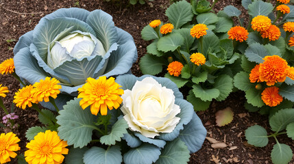 Cabbage and decorative marigolds on the same bed. autumn harvest