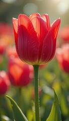 A vibrant close-up of a blooming tulip in a spring garden.