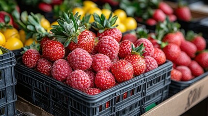 Fresh Strawberries and Colorful Fruits at Market Stall Display