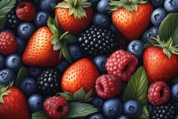 Fototapeta premium Fresh Strawberries, Raspberries, Blackberries and Blueberries Mix