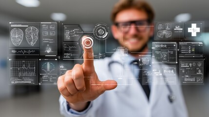 Doctor man interacting with a futuristic interface displaying medical data, brain images, and health information