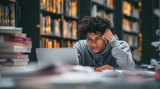 Student's Study: A focused student engrossed in study, with a laptop and books, amidst the tranquil ambiance of a library, embodies the spirit of academic pursuit.