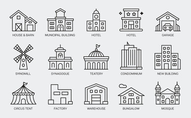 Naklejka premium Buildings line icons. Bank, Hotel, Courthouse. City, Real estate, Architecture buildings icons. Hospital, town house, museum. Urban architecture, city skyscraper, downtown. Line signs set.