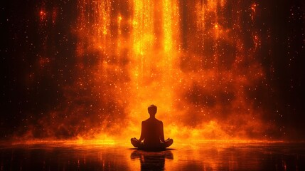 Meditative Figure Surrounded by Glowing Orange Particles and Light