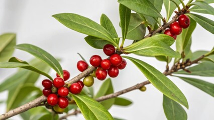 Close-up of Daphne mezereum berries and leaves, isolated, vivid red berries, poisonous shrub