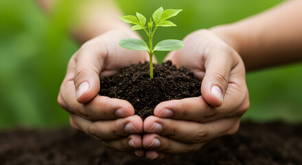 Close-up of hands holding rich soil with a small green seedling growing