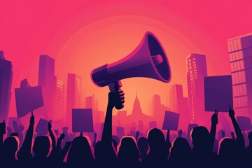 Megaphone, freedom or women equality protest for global change, gender equality or black woman speaker fight for support. Crowd poster banner, city speech or human rights rally by justice