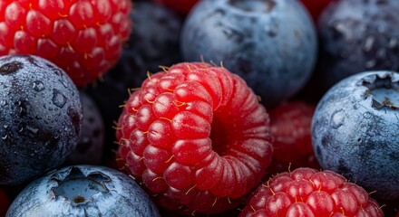 Fresh Raspberry and Blueberries Close-up with Water Droplets