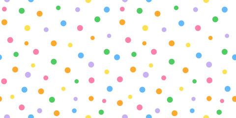 Seamless pattern with colorful polka dots on a white background. Abstract ornament multicolor falling confetti. Flat vector illustration