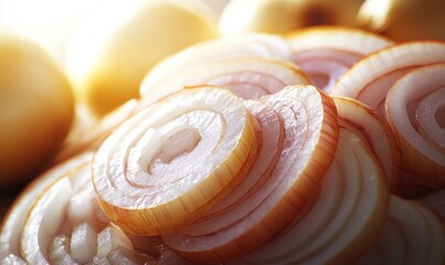 Close-up of thinly sliced caramelized onions, background blurred with whole onions, ideal for food blogs or recipes