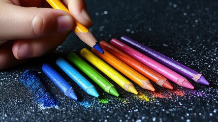 Child's hand holding colored pencil over a spectrum of crayons.