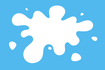 Milky splash on a blue background, vector illustration, flat design. Spilled milk, an abstract organic stain with splashes. An element of a natural product for decoration, design, label with an empty 