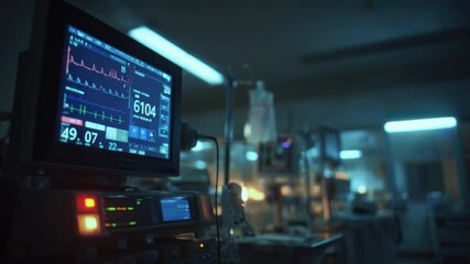 Vital Monitor: A stark, cinematic view of a modern intensive care unit or operating room, with an advanced vital sign monitor displaying critical information. Dark. - Powered by Adobe