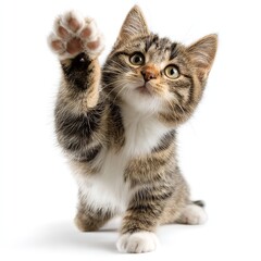 Obraz premium Cute tabby kitten raising paw adorable feline friend playful pet animal domestic cat isolated on white background
