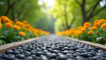 Fototapeta premium A path lined with black pebbles and orange flowers in a lush green forest setting