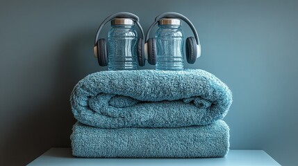 Soft Towels with Water Bottles and Headphones on a Light Background