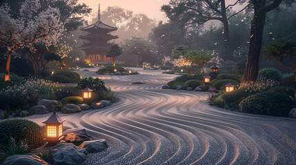 Serene garden scene with a pagoda at dusk, illuminated by lanterns.