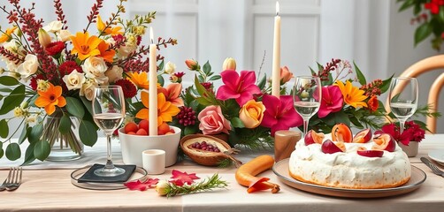 Summery Australian Christmas table setting with native flora, seafood, pavlova, food, warm