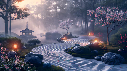 Serene landscape with a winding stream and traditional gazebo at dusk.