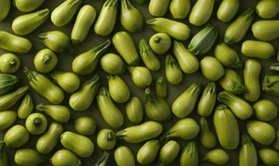 Fresh green zucchini harvest, flat lay, food background, healthy eating