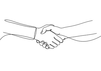 Continuous line drawing of two hands shaking representing agreement and partnership on a white background