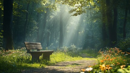 tranquil forest clearing with a wooden bench surrounded by blooming flowers and sunlight streaming through the trees, Generative AI