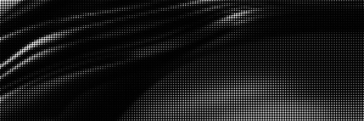 Rough halftone grange backdrop with light wave overlay texture. Horizontal vector modern banner. Geometric retro print.