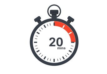 A stopwatch showing twenty minutes with a red section indicating the time on a white background