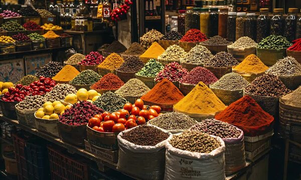 Market stall brimming with colorful spices, grains, and produce