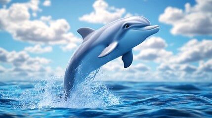 Naklejka premium Dolphin Leaping From Ocean with Cloudy Sky Background