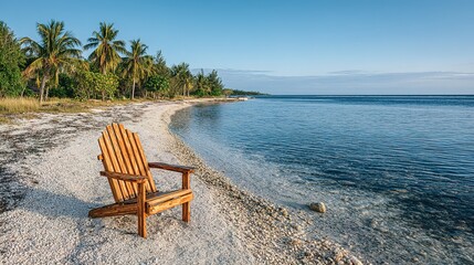 Fototapeta premium Wooden Adirondack chair on a tranquil beach.