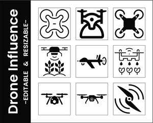 Black Drone Icons Collection Set Agricultural Drone Camera Drone And More