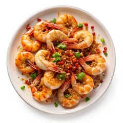 Zesty Salt & Pepper Shrimp with Herbed Crumbs & Peppercorns in a white plate  top view