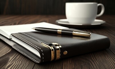 Leather journal, gold pen, coffee, wood desk, office work