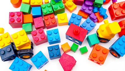 Colorful constructor blocks and soft toys arranged on a white background,  childhood,  educational toys
