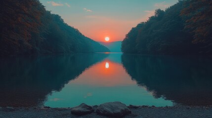 Tranquil Sunset Over Calm Lake Surrounded by Lush Forest