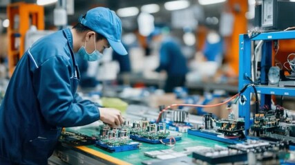 Technician at Work: A focused technician, meticulously works on a circuit board in a bustling electronics factory, embodying precision, concentration and the essence of the manufacturing process. 