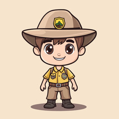 Cheerful Cartoon Boy in Ranger Uniform and Hat