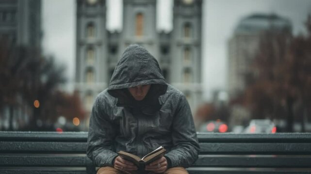 Solitary Reader Contemplation: A hooded figure engrossed in a book, seated on a bench in an urban setting, surrounded by a backdrop of architecture.