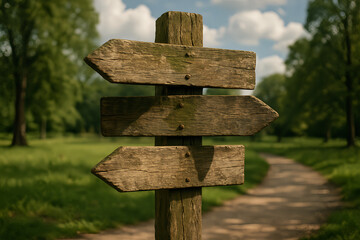 Weathered wooden signpost with three directional arrows in a green park setting outdoors