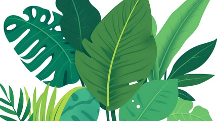 Tropical plant leaves llustration set. Modern botanical illustration of monstera, palm leaf, banana leaf. Vector papercut style leaves with playful vibrant colors.