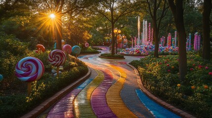 whimsical candyland park where gumdrop paths lead to glowing lollipop trees, and fountains of soda sparkle in the sunlight, Generative AI